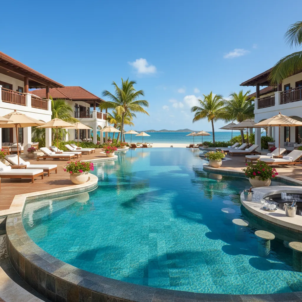 luxury caribbean resort poolside scene40
